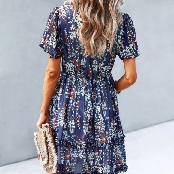 Boho Floral Print Frill Trim Dress blue Cottagecore - Picture 5 of 6